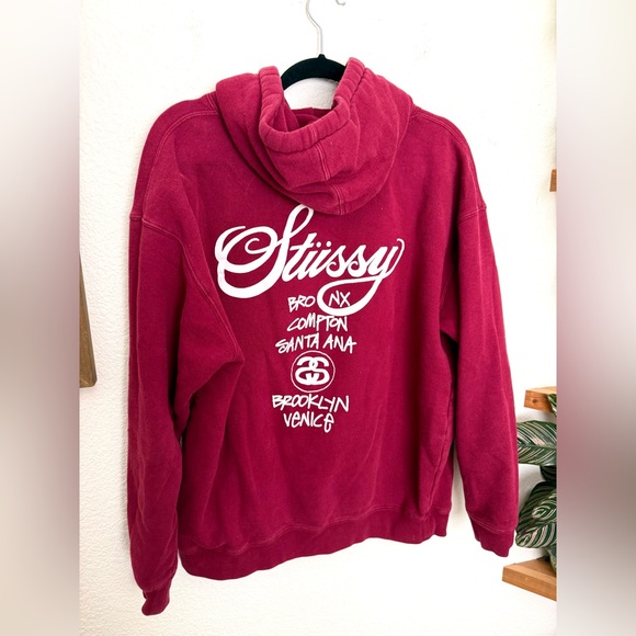 Stussy World Tour Hoodie Sweatshirt Red Fleece Pullover Mens Size L
